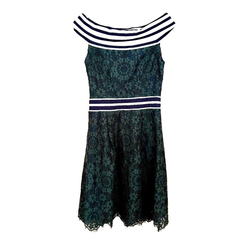 BERNINI Italy Green Lace Off Shoulder Dress S/6 Navy White Striped Trim Preppy